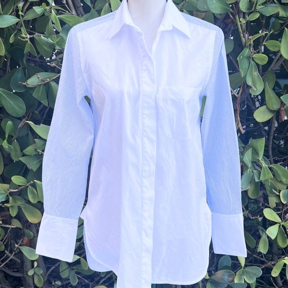 VINCE Striped Color Block White Button Down Shirt Size 2 - Picture 5 of 16
